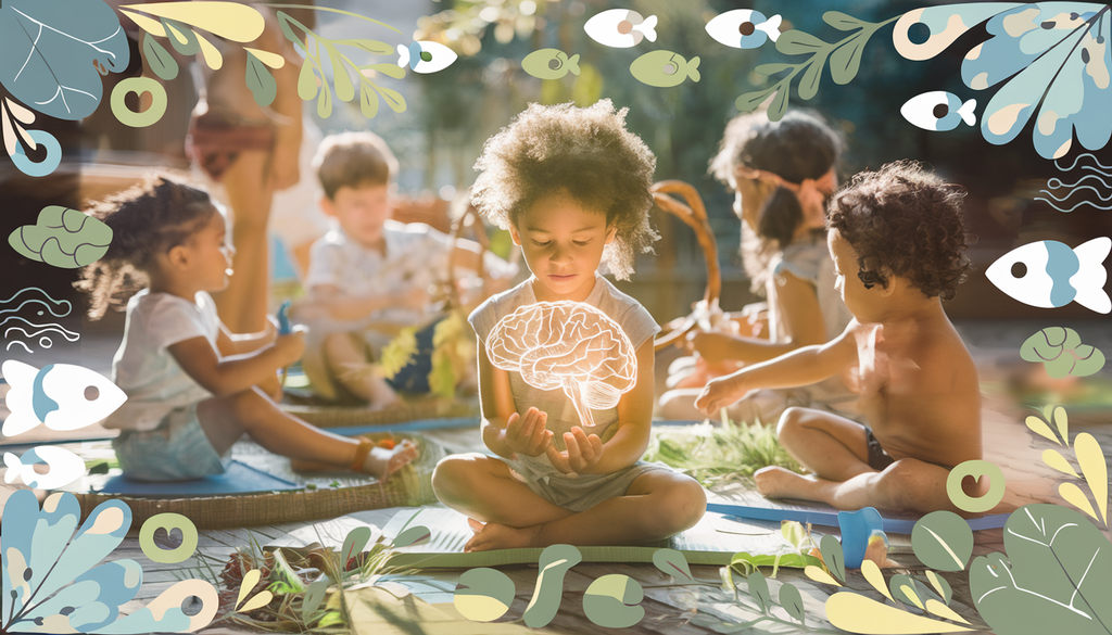 A diverse group of children in a sunlit natural setting engage in activities promoting brain development, with one child holding a glowing abstract brain, surrounded by symbols of nutrition and mindfulness.