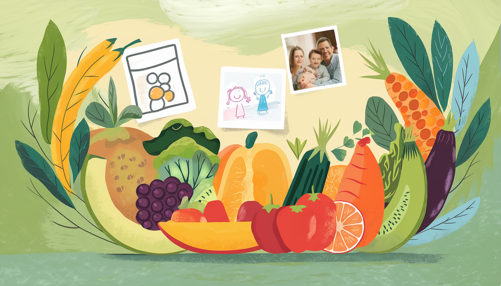 A warm kitchen scene with colorful folic acid-rich fruits and vegetables, emphasizing child wellness and brain development.