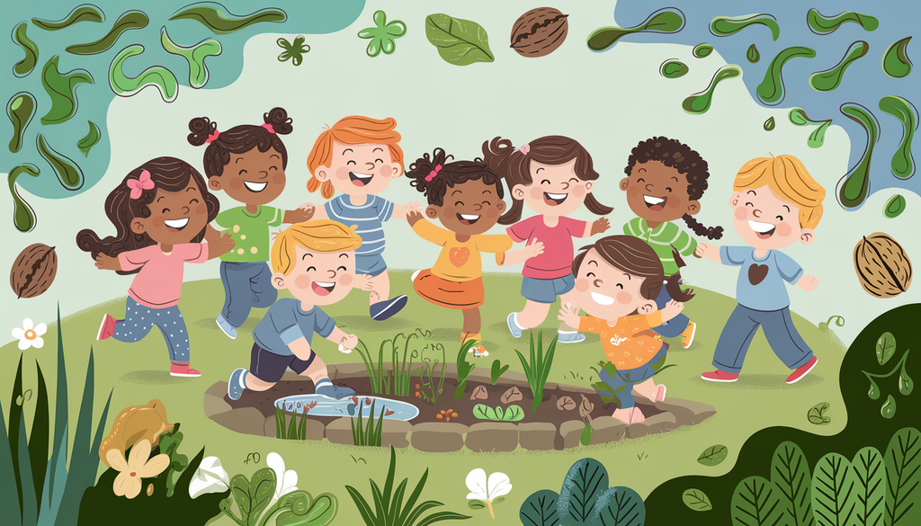A diverse group of happy children playing in a sunny park, interacting with nature, surrounded by subtle nutritional elements like algae, walnuts, and flaxseeds.