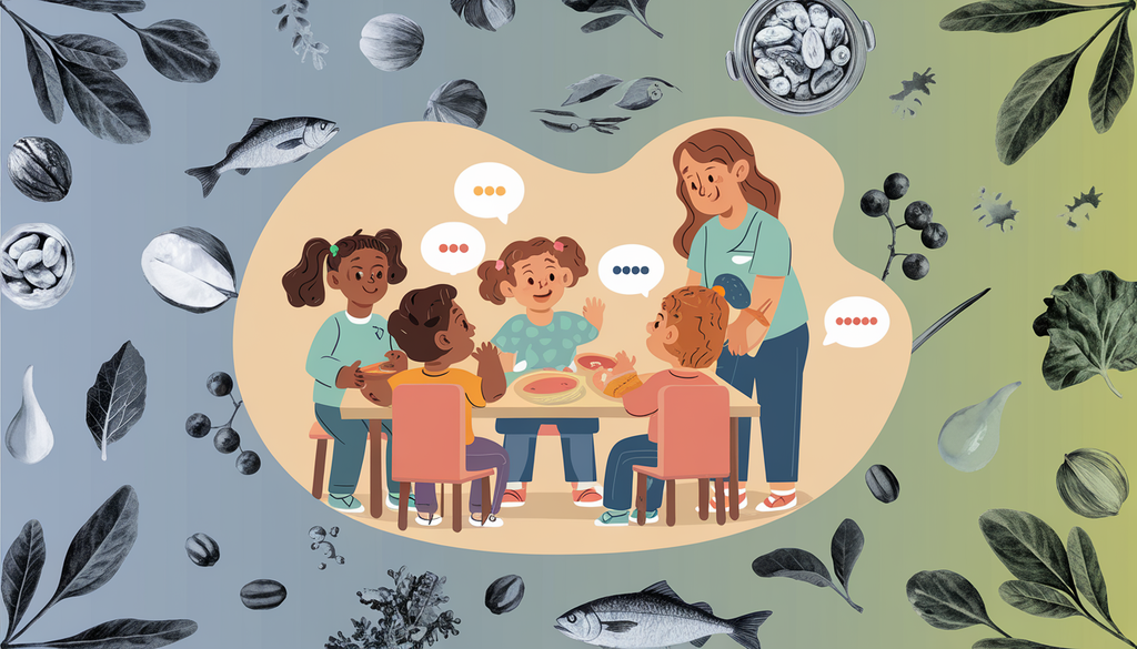 A diverse group of children and a caregiver engage in nurturing communication activities in a warm, inclusive environment with subtle hints of nutritional elements like fish and leafy greens in the background.