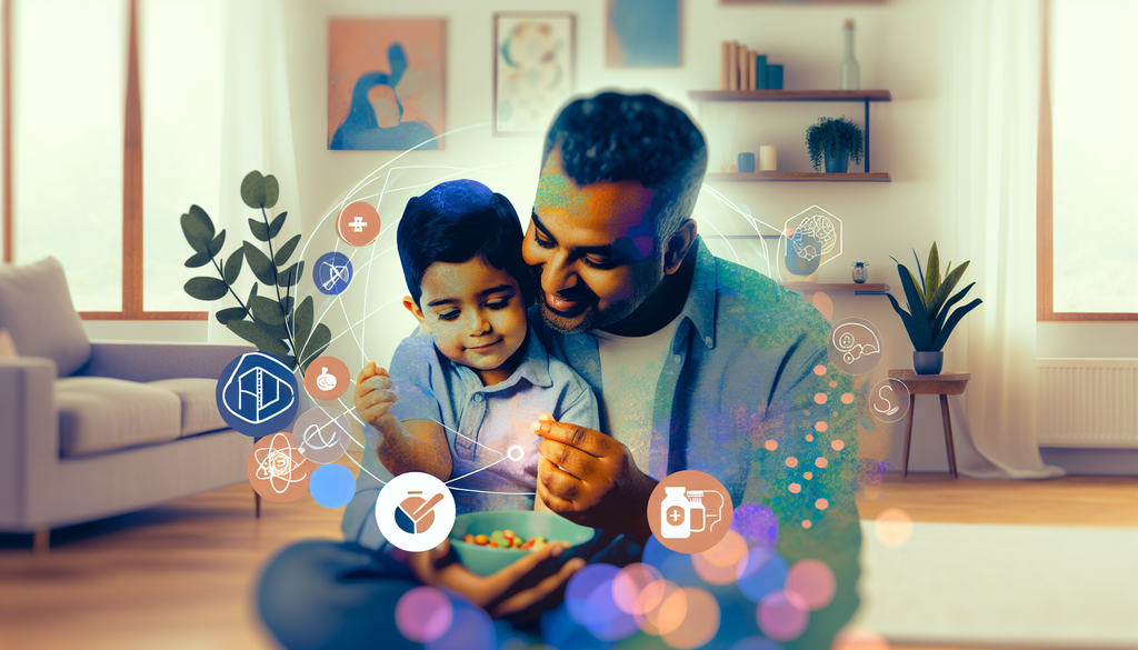 A nurturing parent with a toddler surrounded by fruits, vegetables, and fish in a cozy home setting.