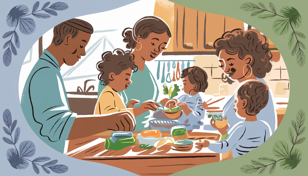 A diverse family in a cozy kitchen with a parent preparing a nutritious meal for a child, surrounded by nutritional supplements under natural light.