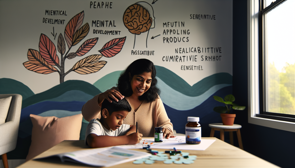 A parent and child in a cozy home setting, with the child engaged in a calming activity and a bottle of fish oil supplements on a nearby table.