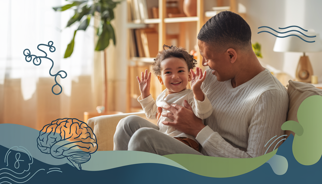 A nurturing scene of a happy parent interacting with a child in a cozy home environment, with elements suggesting brain development and wellness.